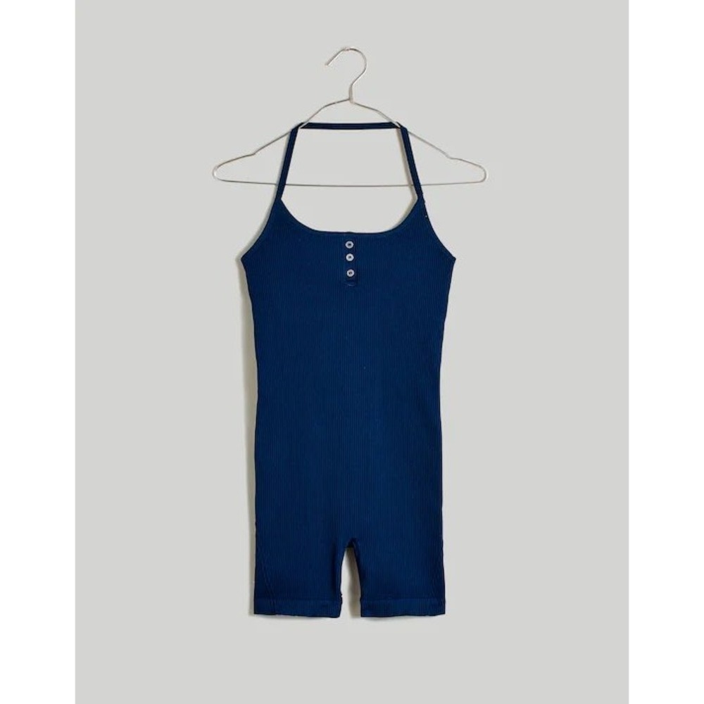 Madewell M/L Navy Blue Ribbed Halter Henley Romper Unitard NL317 SM